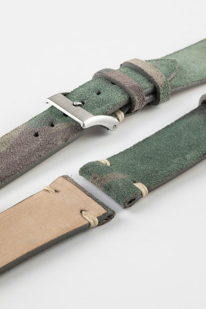JPM Italian Vintage Suede Leather Watch Strap in GREEN CAMOUFLAGE
