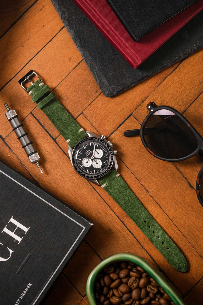 JPM Italian Vintage Suede Leather Watch Strap in MOSS GREEN