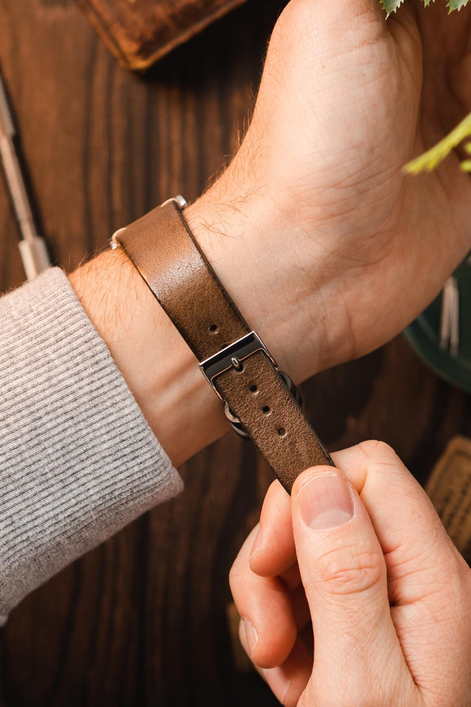 JPM Italian Vintage Leather Watch Strap in TABAC BROWN