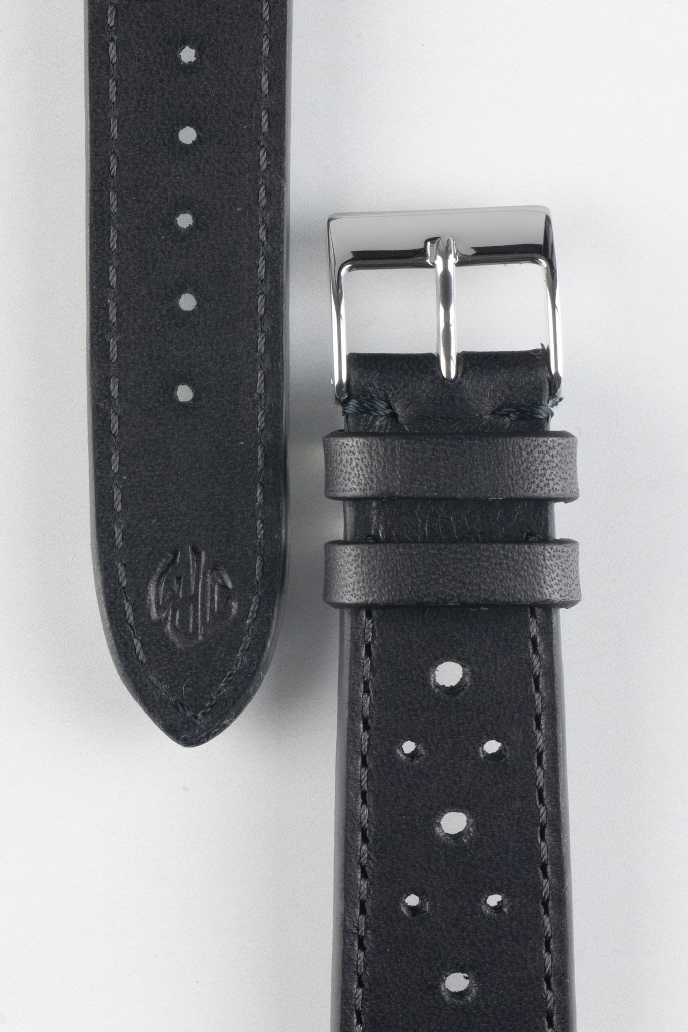 JPM Italian Vintage Leather Racing Watch Strap in BLACK
