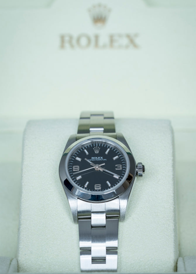 ROLEX Oyster Perpetual 76080 Ladies Automatic Steel Watch 24mm with Black Dial