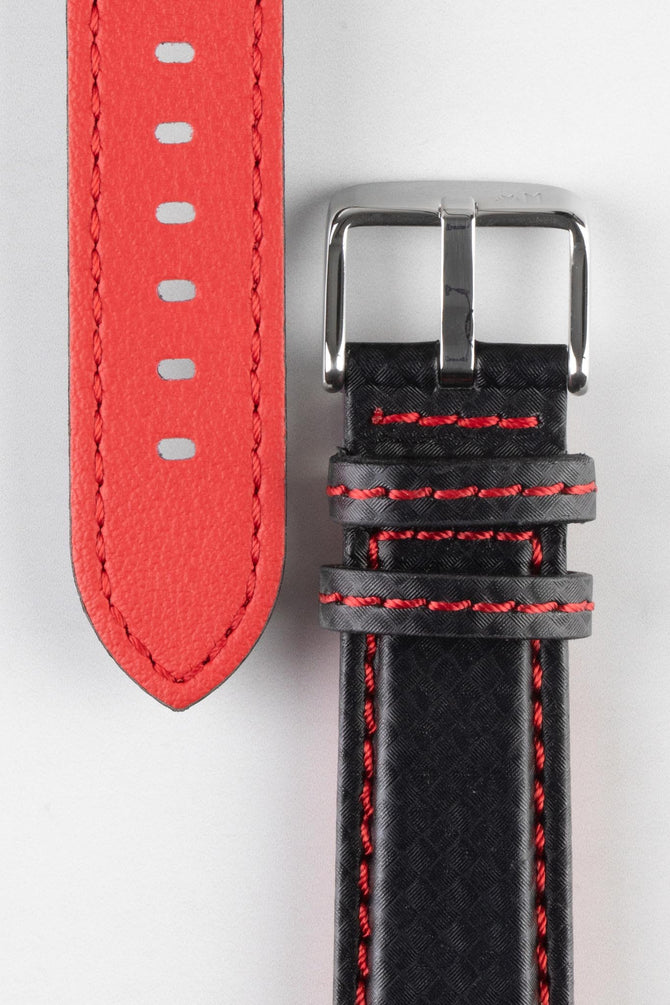 black leather watch strap with red stitching 