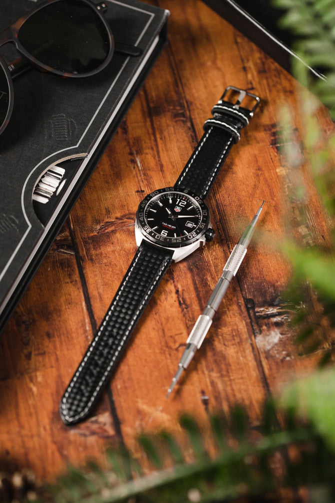 Morellato BIKING Carbon Fibre-Embossed Calfskin Leather Watch Strap in BLACK with WHITE Stitching