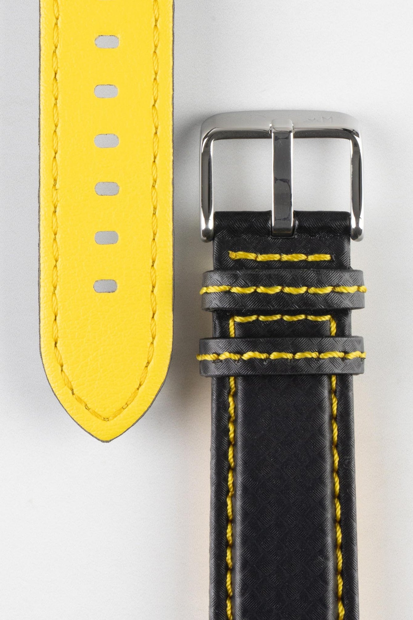 Morellato BIKING Carbon Fibre-Embossed Calfskin Leather Watch Strap in BLACK with YELLOW Stitching 20mm/18mm 120mm/74mm Silver Buckle
