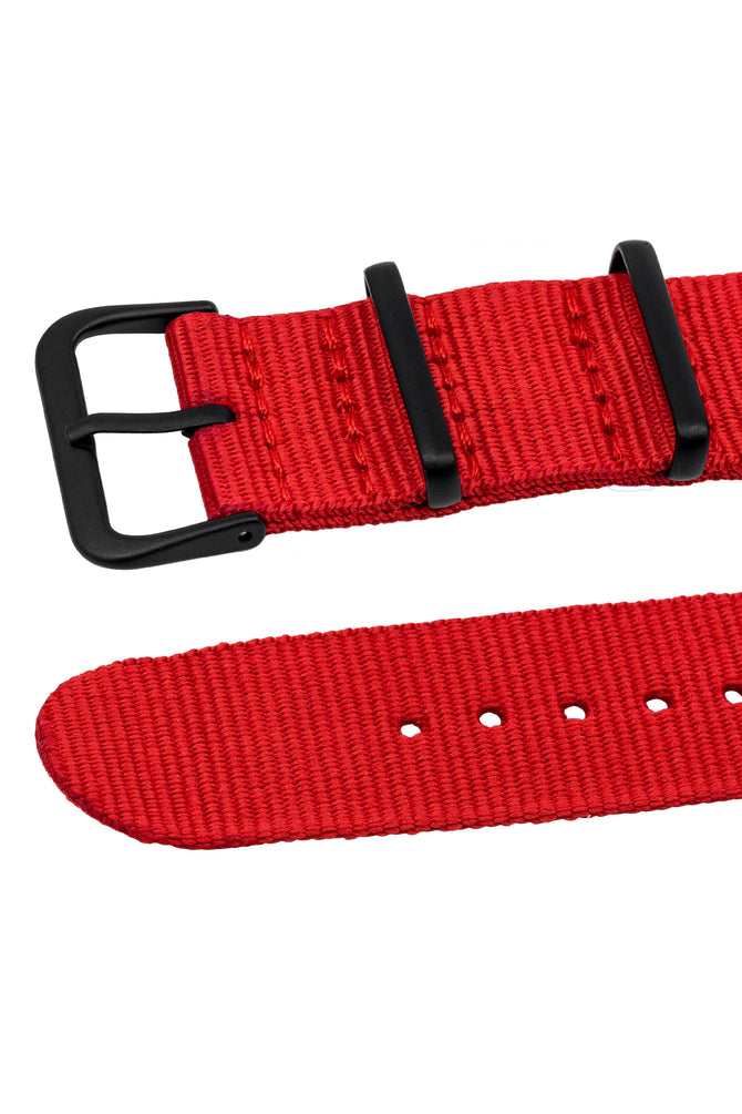 Red NATO watch strap with black buckle