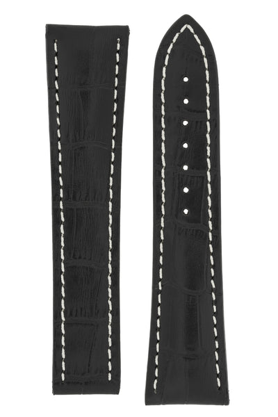 Omega-Style Alligator Embossed Leather Deployment Watch Strap in BLACK