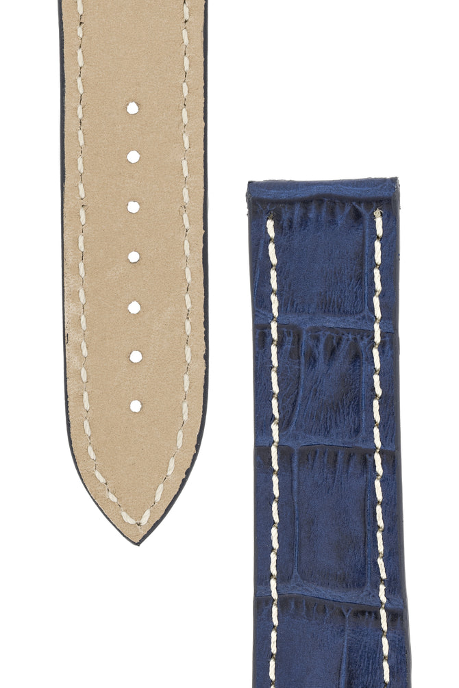 Omega-Style Alligator Embossed Leather Deployment Watch Strap in BLUE