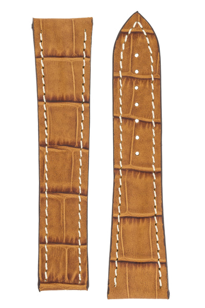 Omega-Style Alligator Embossed Leather Deployment Watch Strap in GOLD BROWN