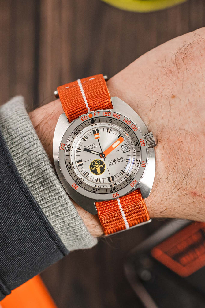 Doxa SUB 300 Searambler Silver Lung Limited Edition fitted with Erika's Originals Orange MN watch strap with white centerline on wrist