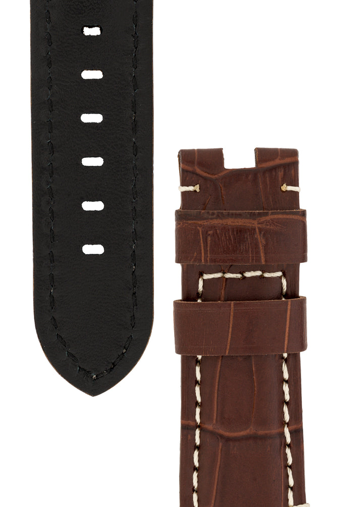 Panerai-Style Alligator-Embossed Deployment Watch Strap in TABAC / WHITE