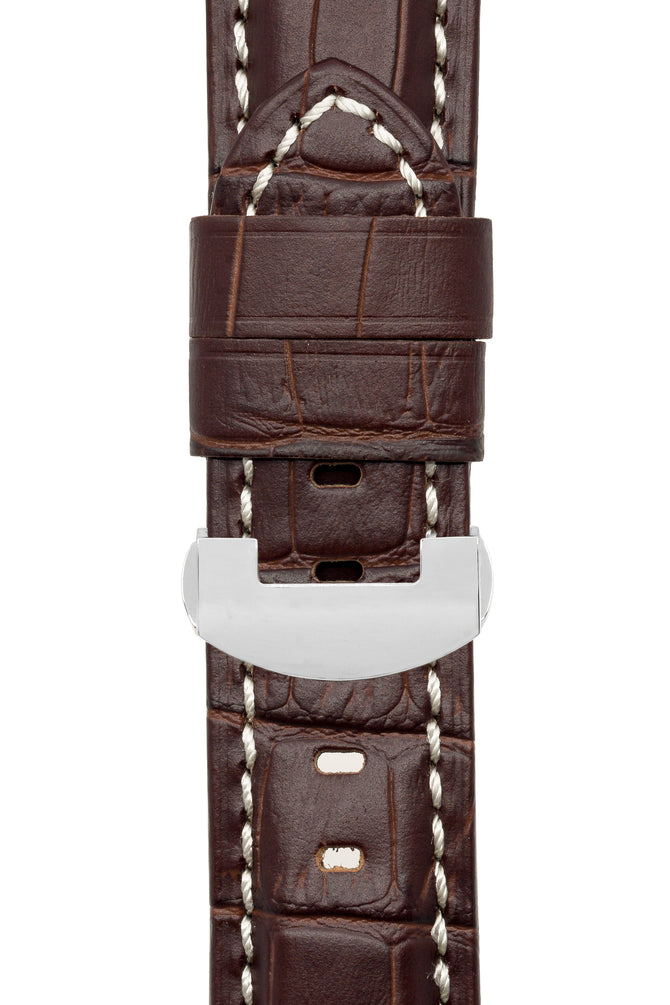 Panerai-Style Alligator-Embossed Deployment Watch Strap in TABAC / WHITE