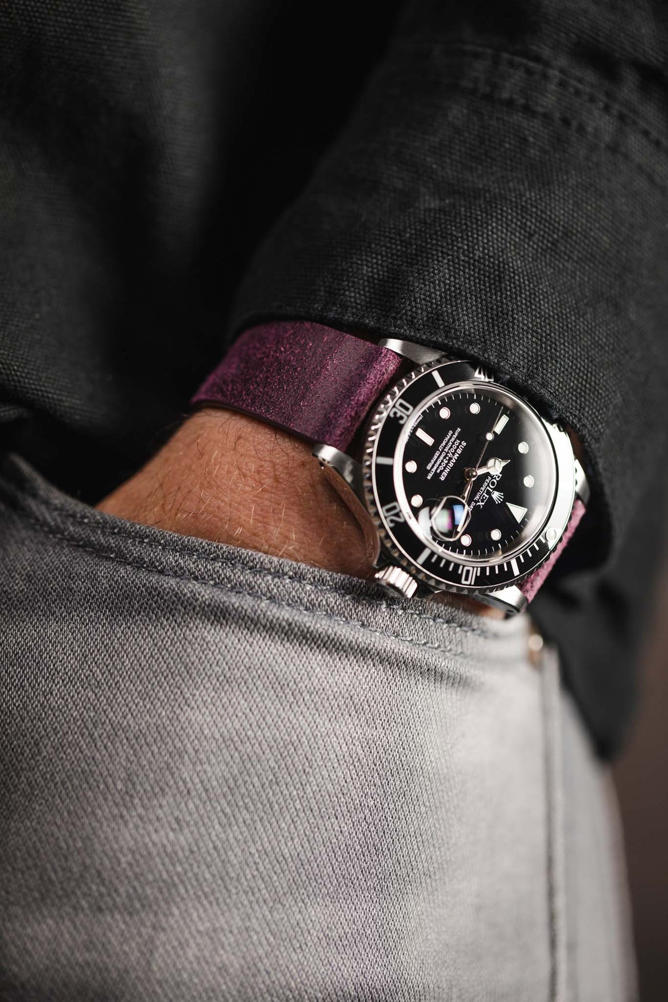 Purple Leather Watch Strap on wrist