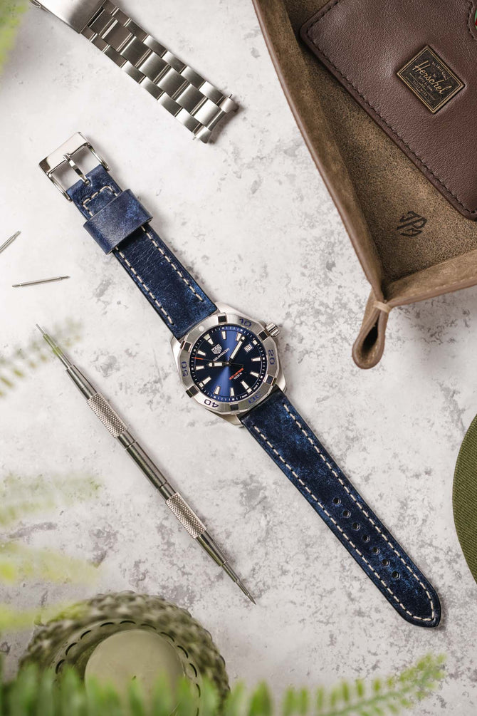 Pebro HISTORIC Hand-Finished Leather Watch Strap in BLUE