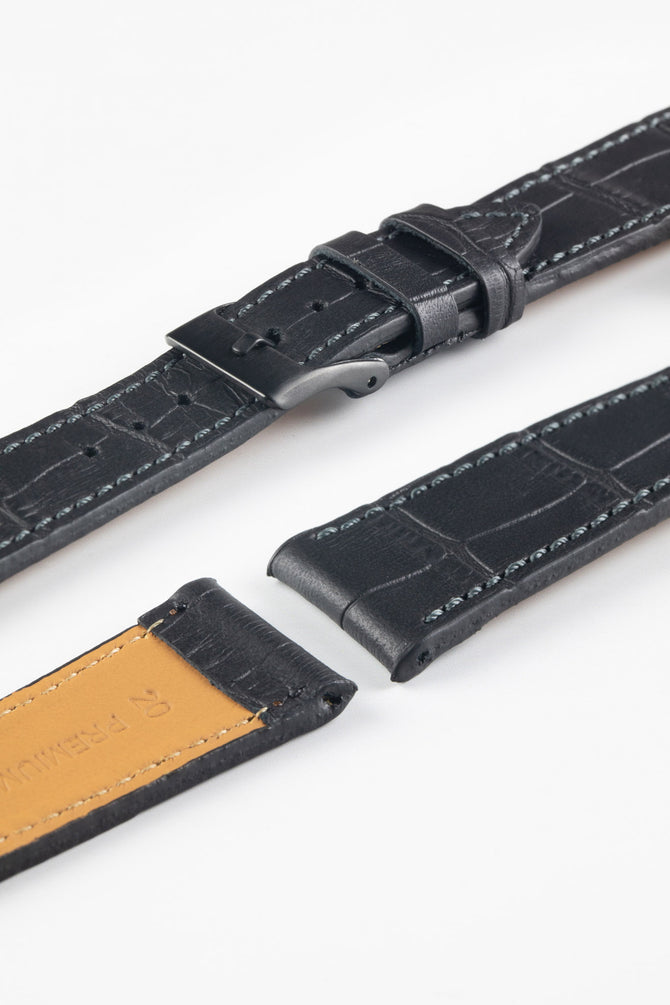 Pebro NILE Crocodile-Embossed Calfskin Leather Watch Strap in BLACK