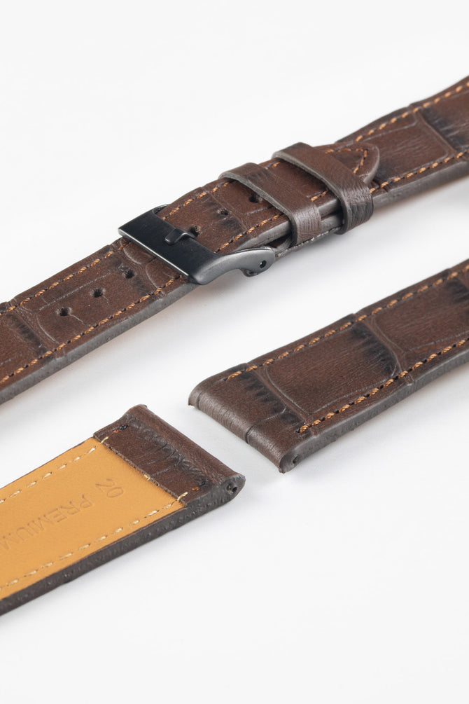 Pebro NILE Crocodile-Embossed Calfskin Leather Watch Strap in DARK BROWN