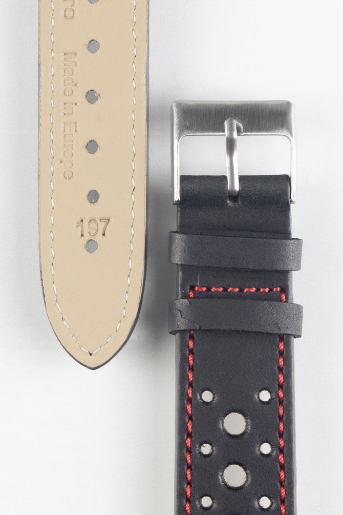 Pebro RACING Perforated Leather Watch Strap in BLACK with RED Stitch