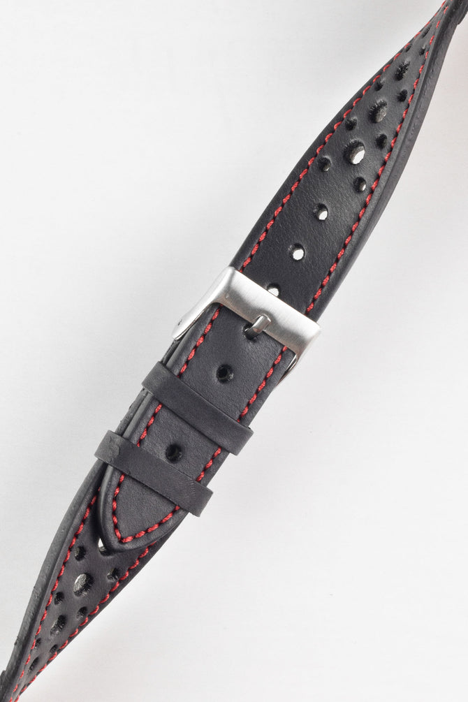 Pebro RACING Perforated Leather Watch Strap in BLACK with RED Stitch