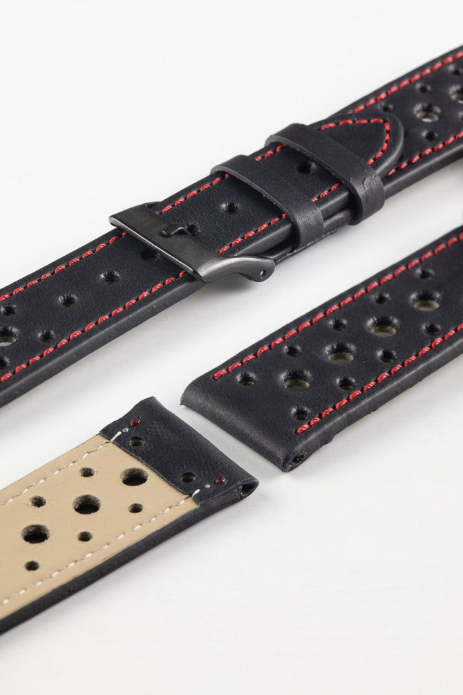 Pebro RACING Perforated Leather Watch Strap in BLACK with RED Stitch