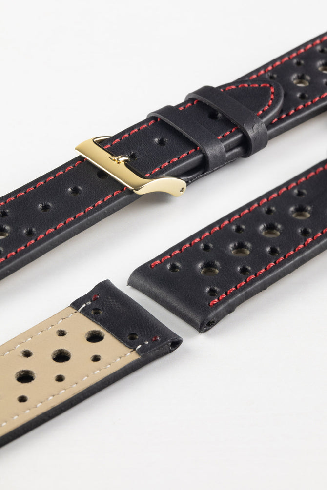 Pebro RACING Perforated Leather Watch Strap in BLACK with RED Stitch