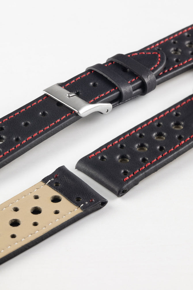Pebro RACING Perforated Leather Watch Strap in BLACK with RED Stitch