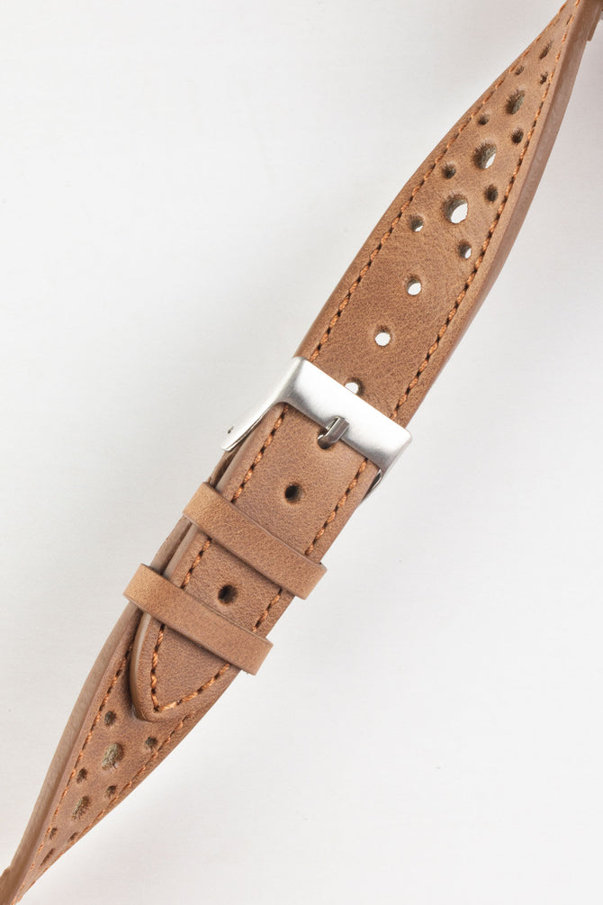 Pebro RACING Perforated Leather Watch Strap in MID BROWN