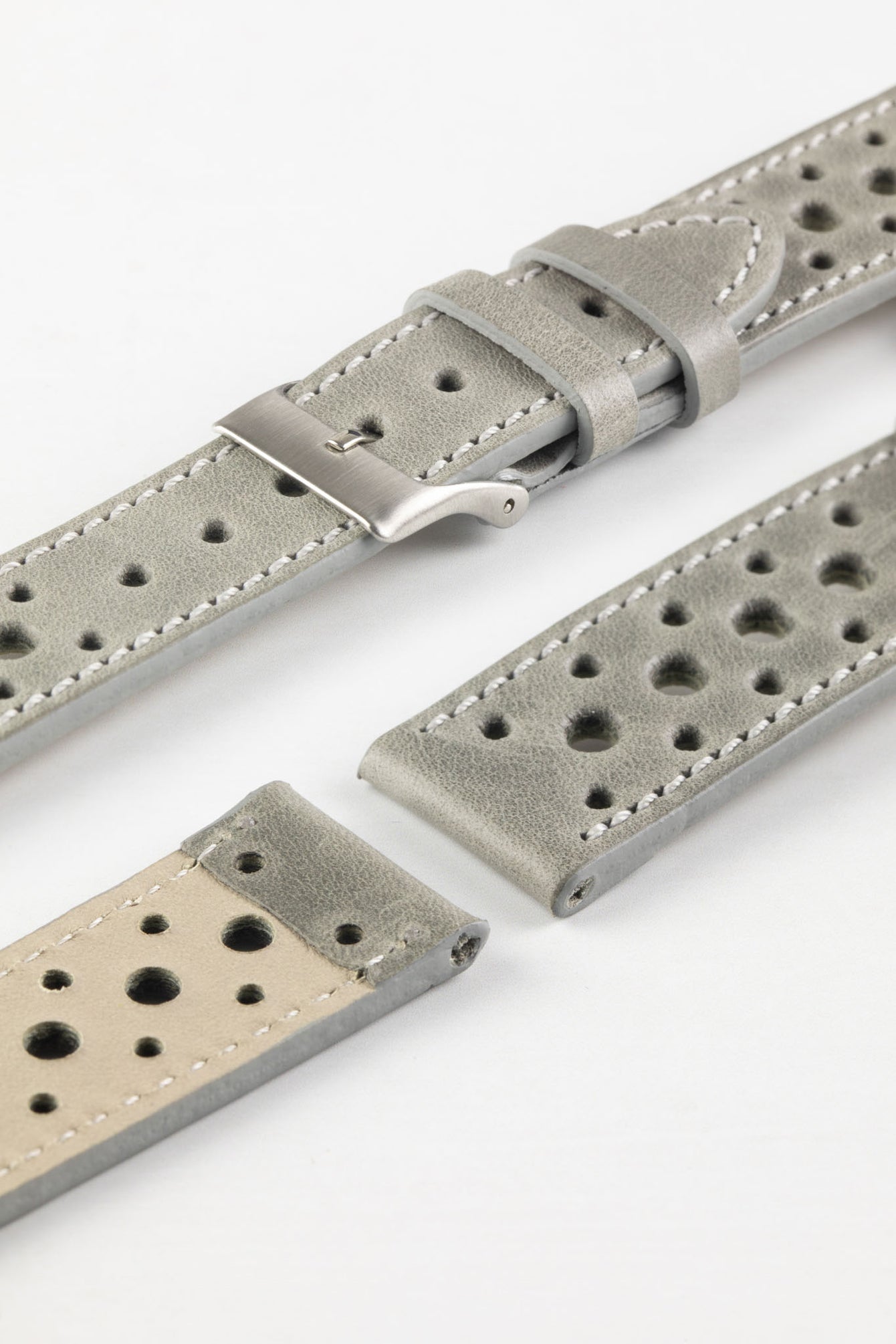 Pebro RACING Perforated Leather Watch Strap in PEBBLE GREY
