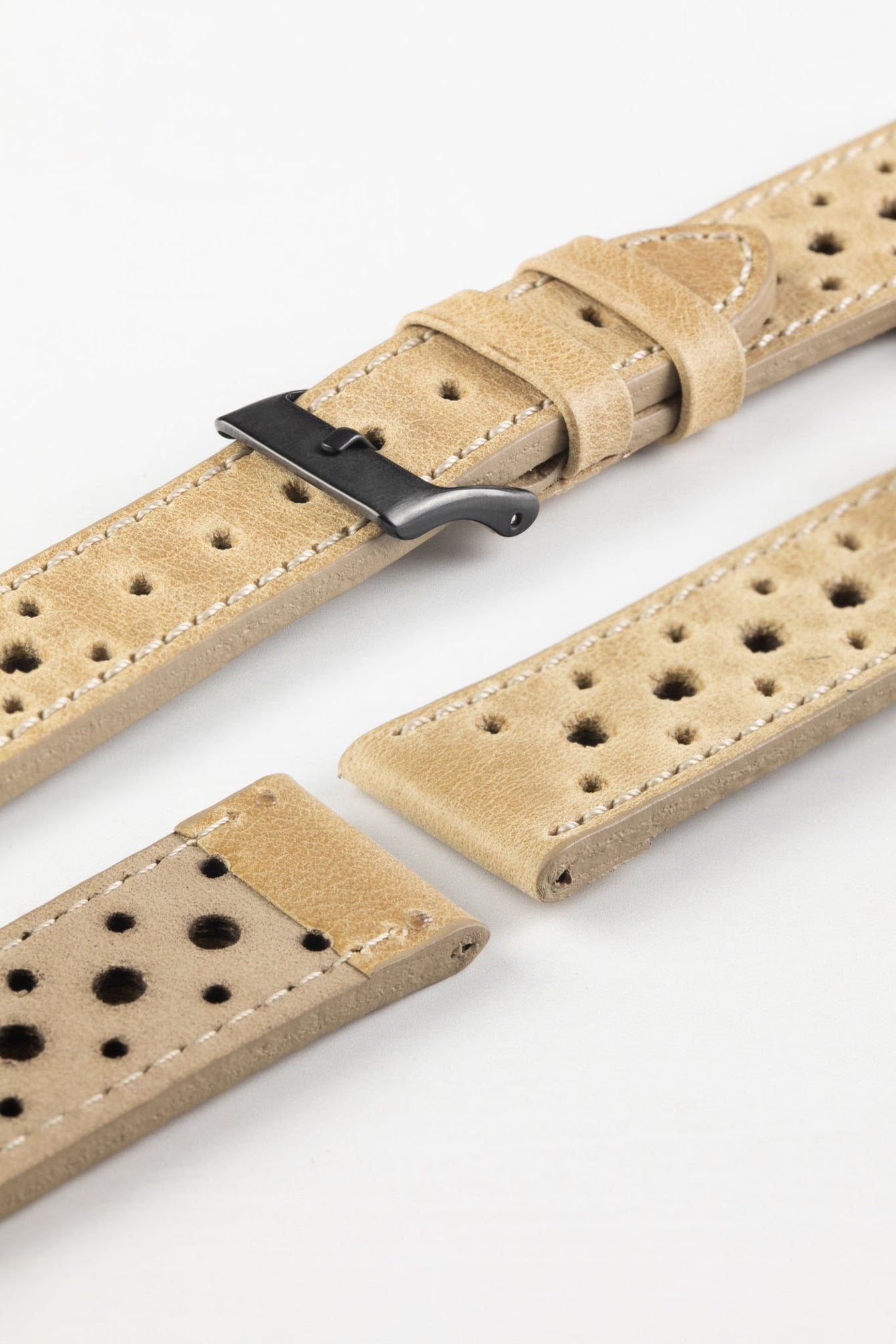 Pebro RACING Perforated Leather Watch Strap in LIGHT SAND