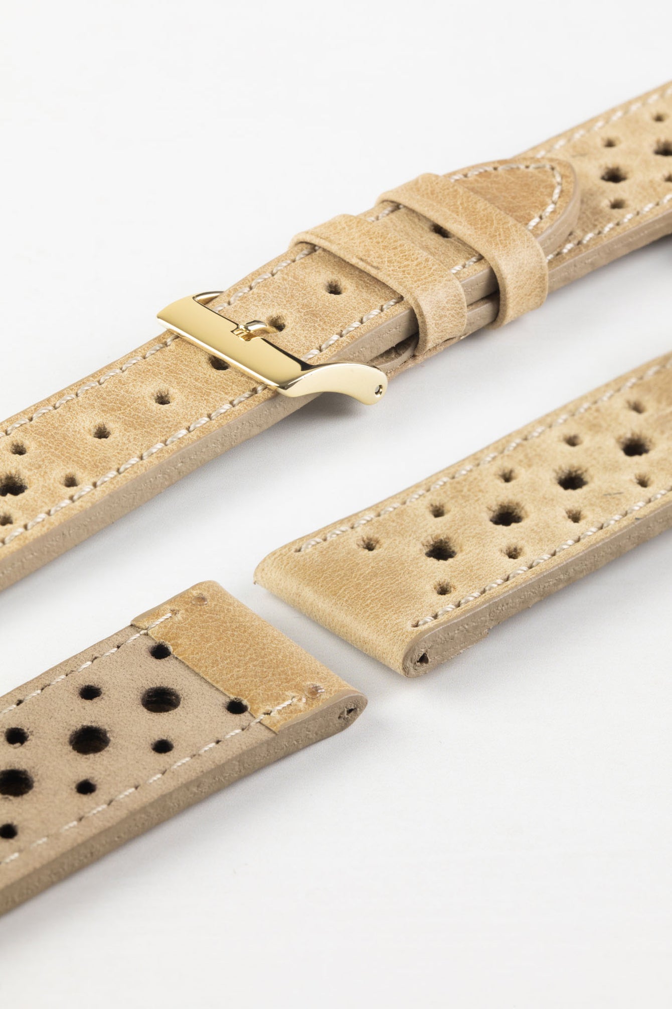 Pebro RACING Perforated Leather Watch Strap in LIGHT SAND