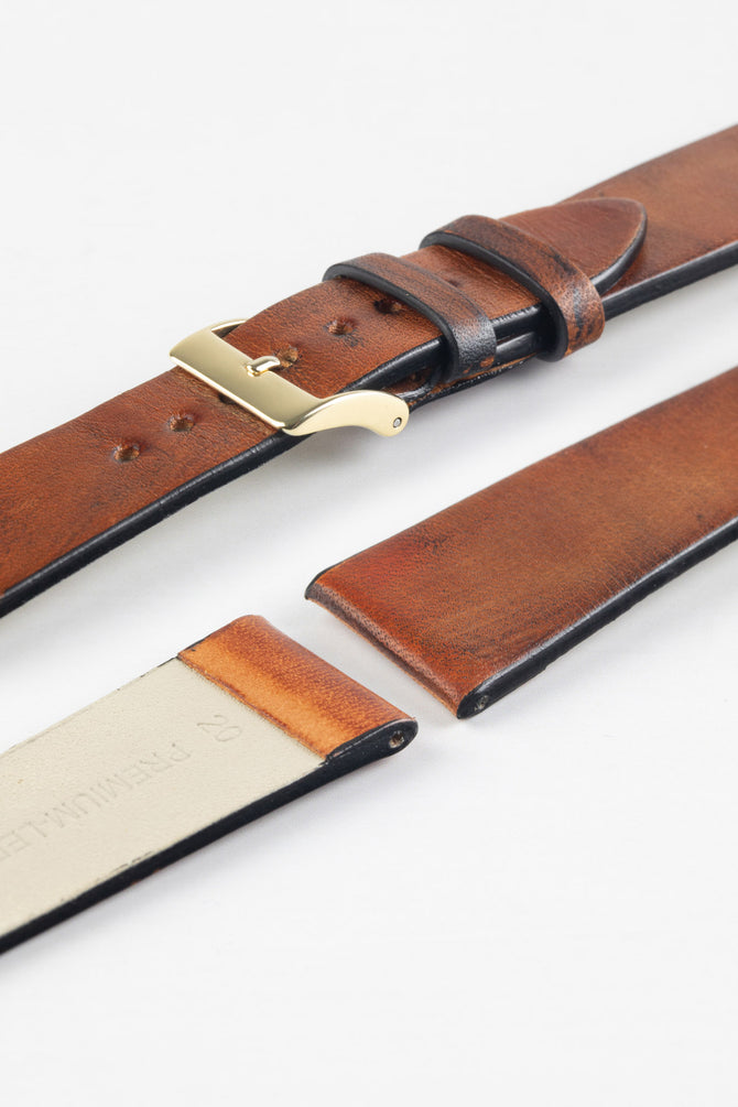 Pebro VENEER Lacquered Vintage Leather Watch Strap in GOLD BROWN