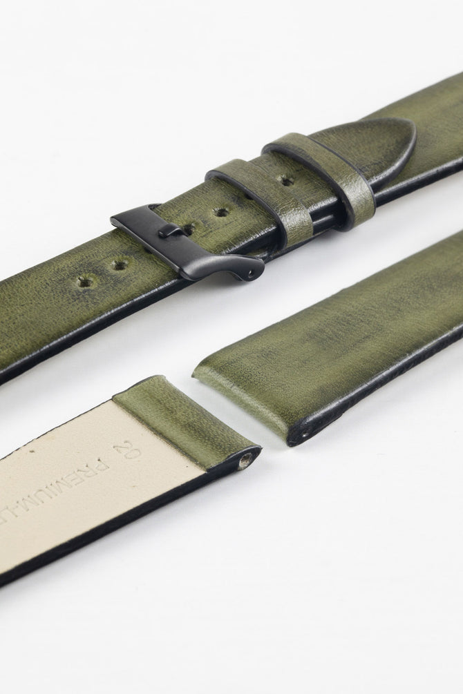 Pebro VENEER Lacquered Vintage Leather Watch Strap in OLIVE GREEN