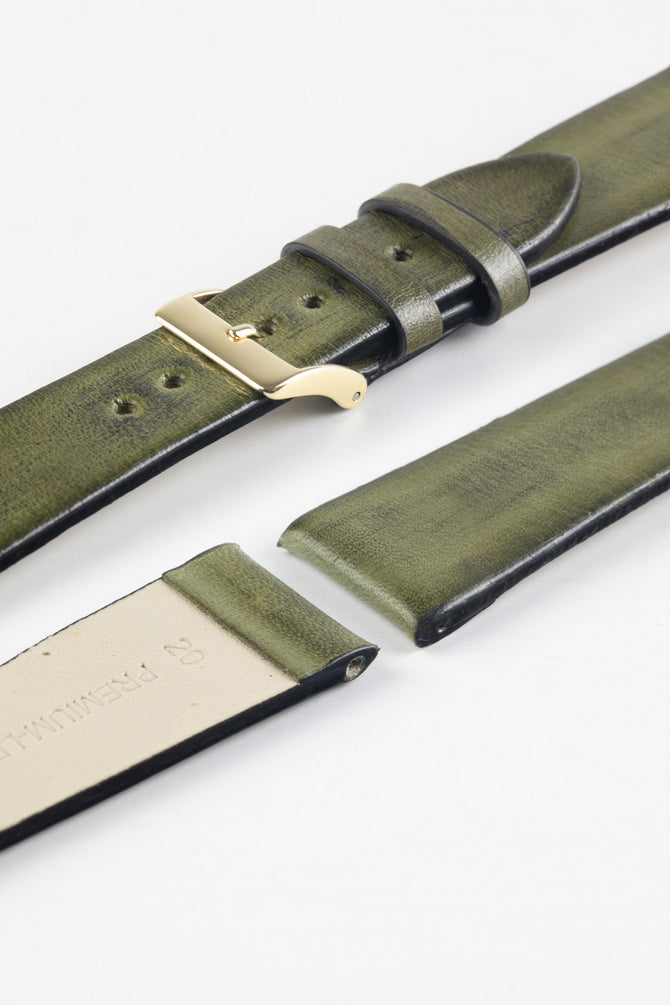 Pebro VENEER Lacquered Vintage Leather Watch Strap in OLIVE GREEN