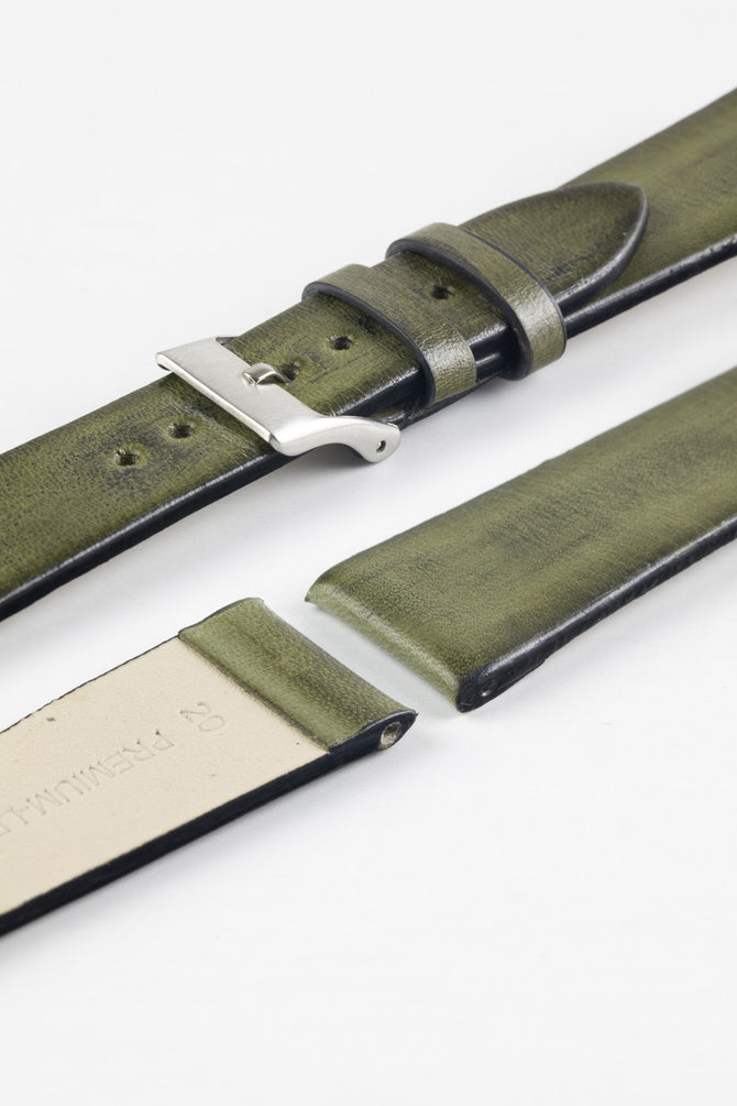 Pebro VENEER Lacquered Vintage Leather Watch Strap in OLIVE GREEN