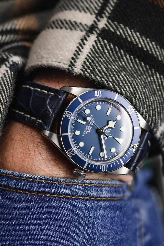 RIOS1931 AMBASSADOR Genuine Alligator Flank Padded Watch Strap in OCEAN BLUE