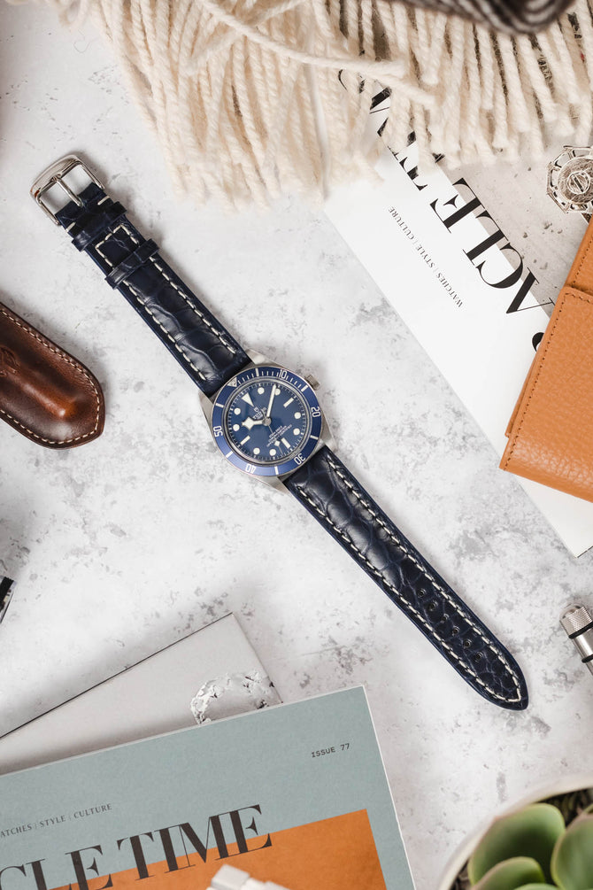 RIOS1931 AMBASSADOR Genuine Alligator Flank Padded Watch Strap in OCEAN BLUE