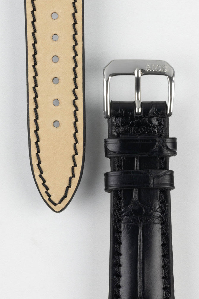 RIOS1931 PRESIDENT Genuine Alligator Round-Padding Watch Strap in BLACK