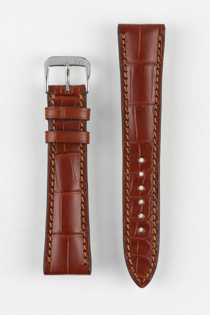 RIOS1931 PRESIDENT Genuine Alligator Round-Padding Watch Strap in MAHOGANY