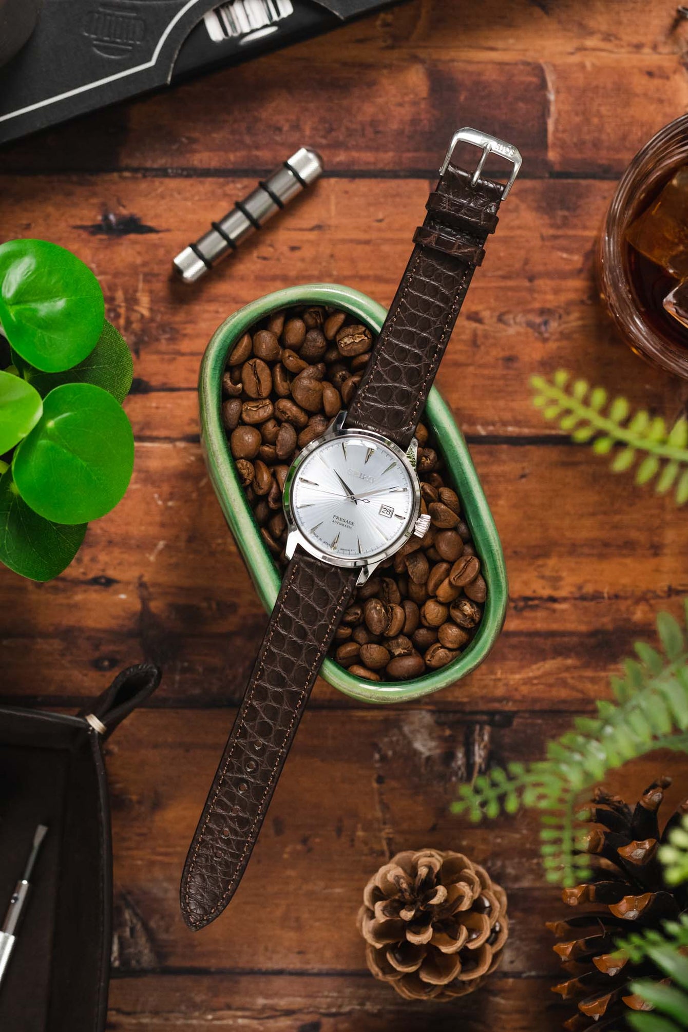 RIOS1931 PRESTIGE Genuine Alligator Flank Watch Strap in MOCHA