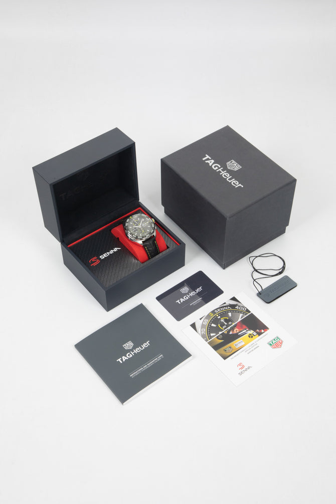 TAG HEUER CAZ201B.FC6487 Formula 1 × Senna 44mm Automatic Chronograph – Black Dial & Leather Strap