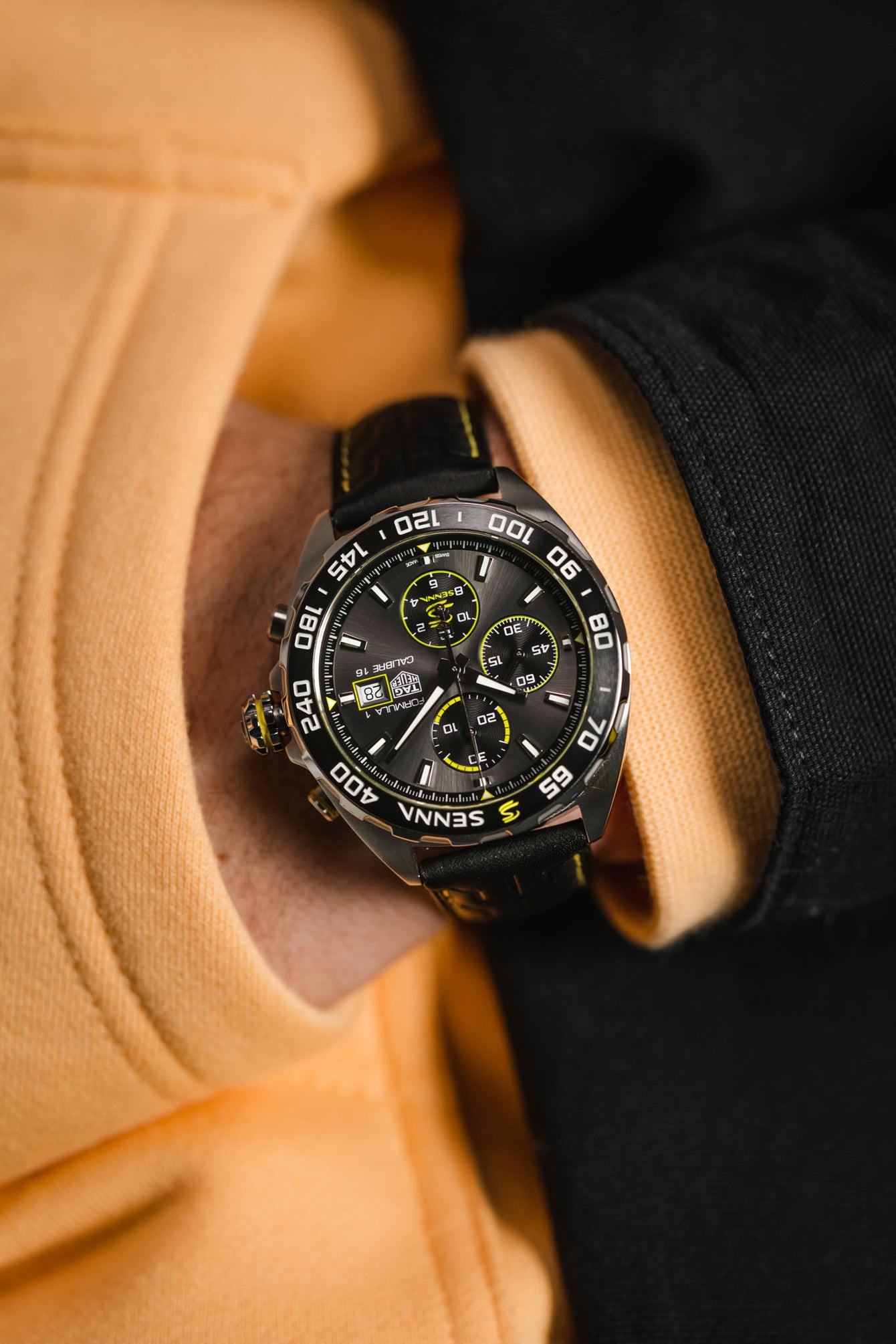 TAG HEUER CAZ201B.FC6487 Formula 1 × Senna 44mm Automatic Chronograph – Black Dial & Leather Strap
