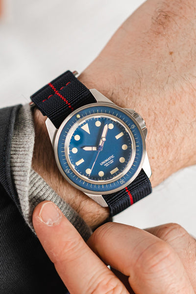Unimatic U1-MLM blue fitted with Erika's Originals Trident MN watch strap with red centerline