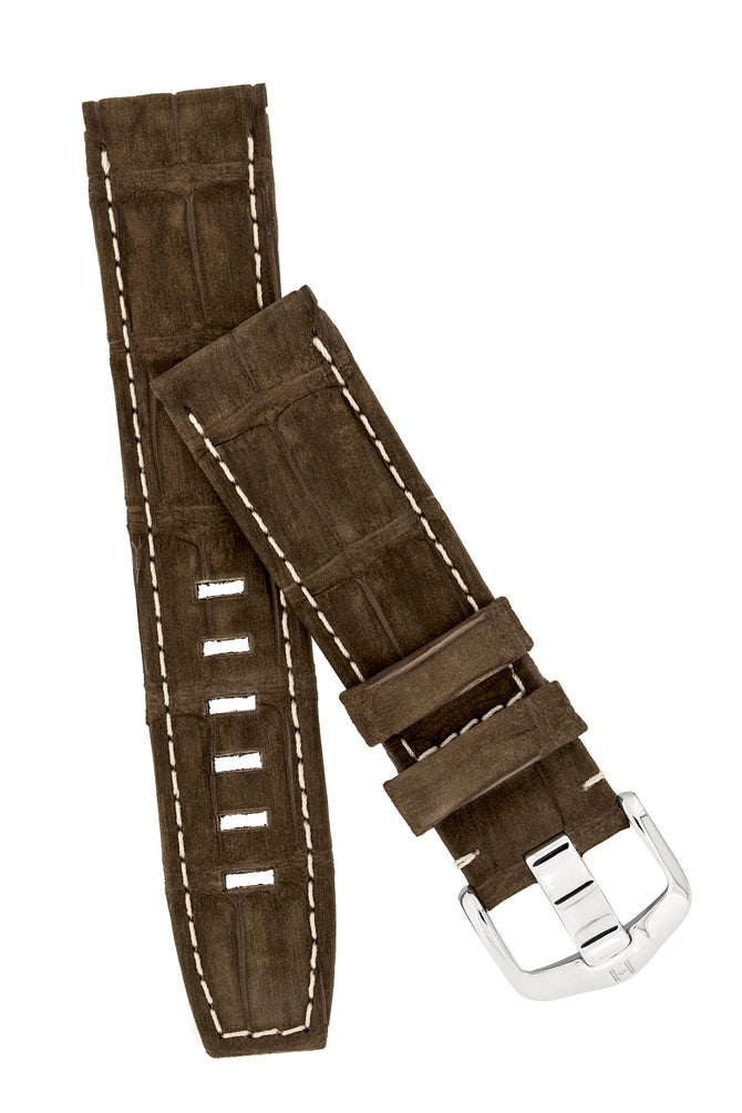 Hirsch Tritone Nubuck Alligator Leather Watch Strap in Brown with White Stitch