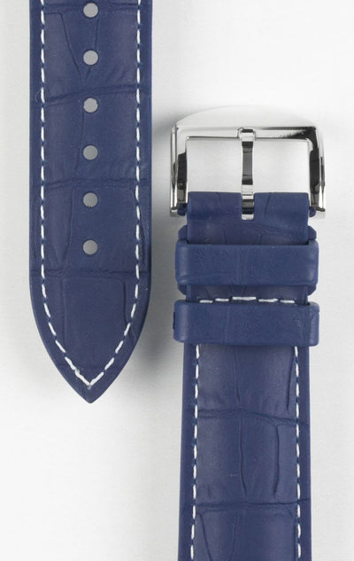 ISOSWISS SKINSKAN Alligator-Embossed Rubber Watch Strap in BLUE with White Stitch