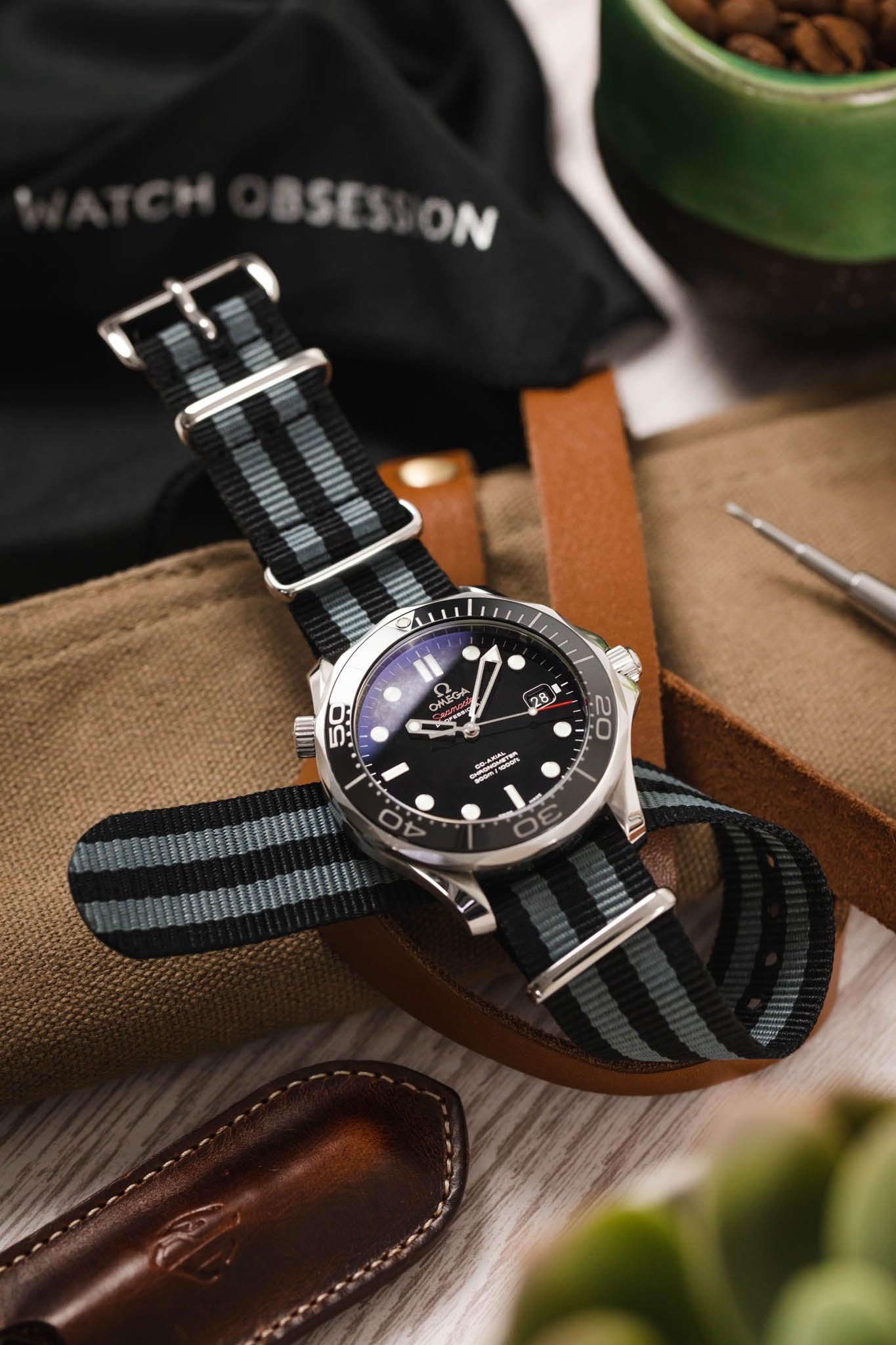 Black and Grey Striped One Piece Nylon Watch Strap WatchObsession UK Watch Obsession
