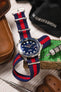 Nylon Watch Strap in BLUE with Wide RED Stripe - Polished Buckle & Keepers