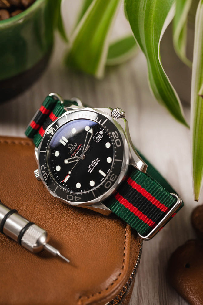 Nylon Watch Strap in GREEN / RED / BLACK Stripes with Polished Buckle & Keepers