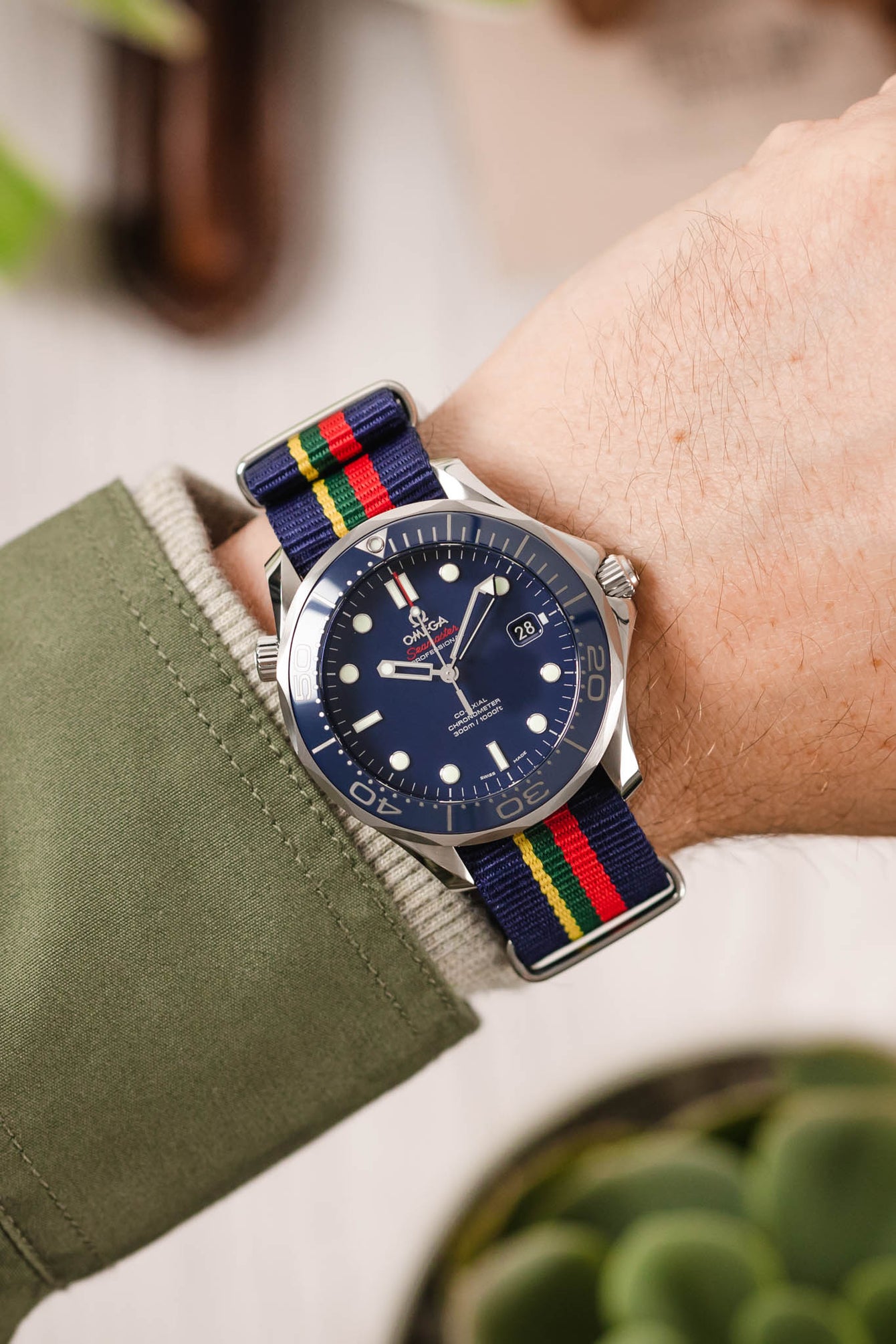 Nylon Watch Strap in BLUE / RED / GREEN / YELLOW Stripes with Polished Buckle & Keepers