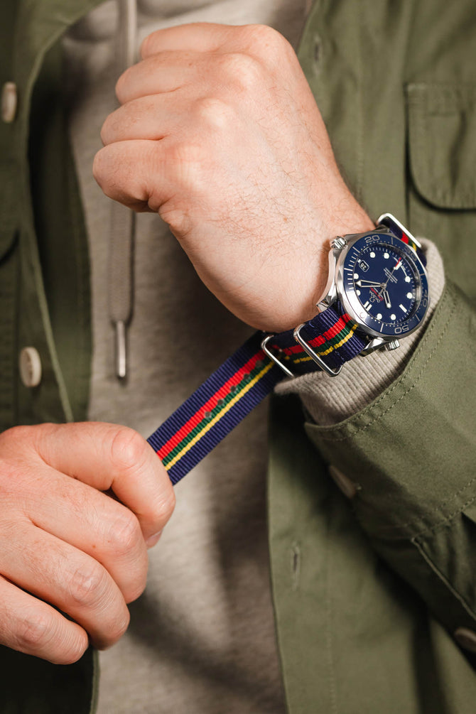 Nylon Watch Strap in BLUE / RED / GREEN / YELLOW Stripes with Polished Buckle & Keepers