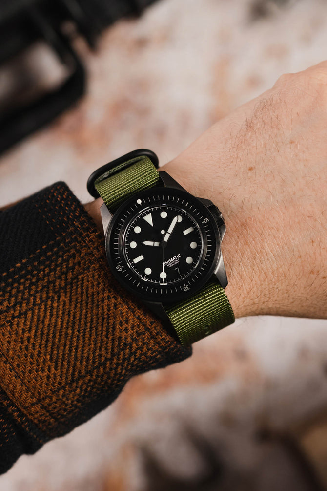 ZULU Nylon Watch Strap with 3 PVD Rings in ARMY GREEN