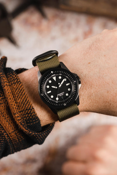 ZULU Nylon Watch Strap with 3 PVD Rings in OLIVE GREEN