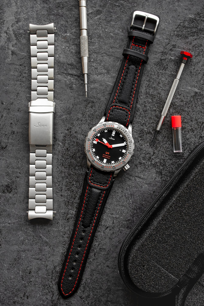 Sinn U1 H-Link Diver's watch matte black dial fitted with Di-Modell Chronissimo leather watch strap in black with red stitching and embossed stainless steel buckle